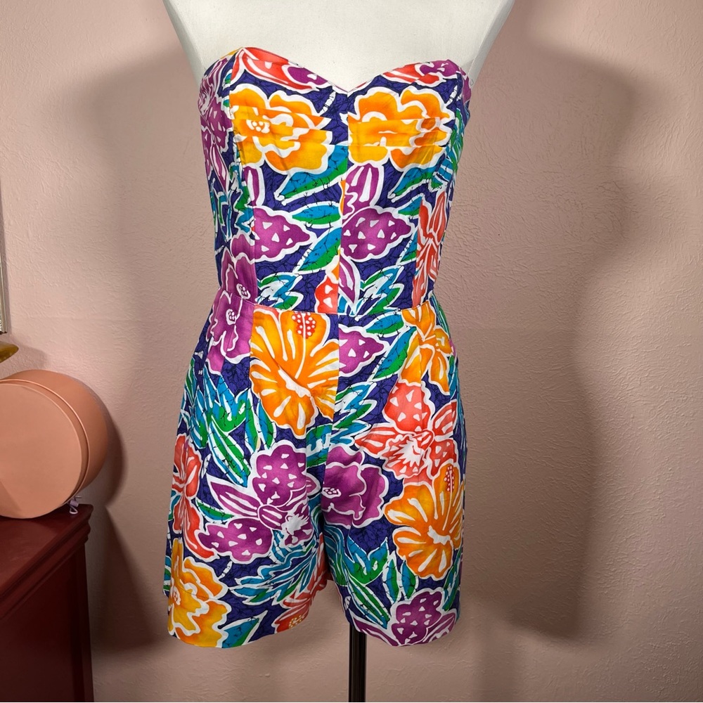 Vintage 80 90 Liz Claiborne Hawaiian Floral Strapless Romper Pin Up Girl